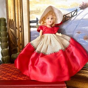 Vintage Composition Doll Hollywood Doll Red Dress White Hat Handmaids Tale 8”